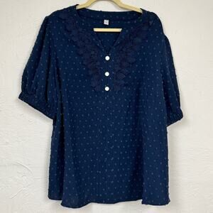 Unbranded Navy Blue Swiss Dot Puff Sleeve Blouse Womens 1X Coquette Girly Shirt